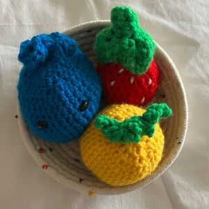 Colorful Hand crocheted Crochet Fruit Set. New. Basket not handmade. 6” across.